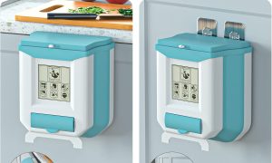 Small Trash Can with Lid, 2.4 Gallon Capacity, Blue/White Color, Plastic Material, Hanging Design, Ideal for Kitchen, Bathroom, RV, Camping